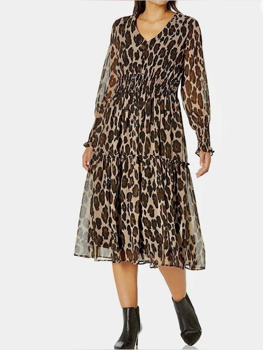 Taylor Leopard Print V-Neck Midi Dress - Brown